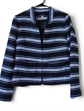 Tommy Hilfiger Tweed Blazer Navy & White Striped Collarless Size 8